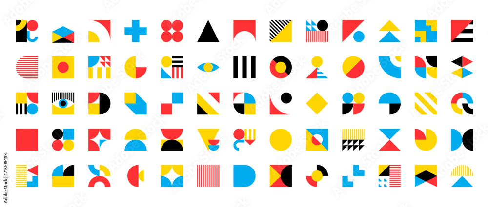 Poster Geometric elements of abstract shapes. Vector modern forms with squares, circles, lines and triangles, geometric figures and forms. Isolated color blocks for geometric pattern, geometry collage