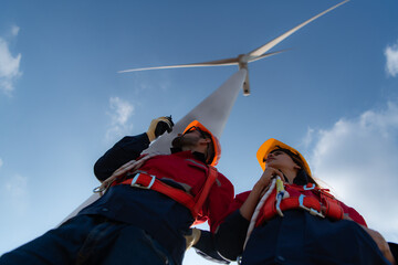 Low angle view of engineers standing in front of a wind turbine, Using the walkie talkie to...