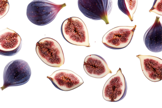 Fresh ripe figs, sliced and presented on a clean white background, showcasing their juicy, exotic, and healthy qualities