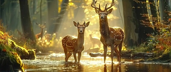 Nature wildlife scene with majestic brown deer in forest wild animals portrait in wilderness...