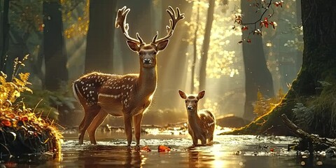 Nature wildlife scene with majestic brown deer in forest wild animals portrait in wilderness...