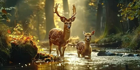  Nature wildlife scene with majestic brown deer in forest wild animals portrait in wilderness beautiful male stag with antlers standing alert in autumn landscape among pine trees and grass © Thares2020