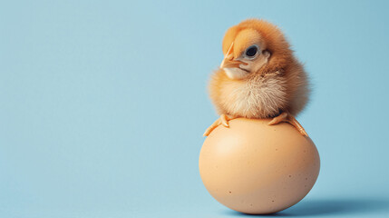 Cute Chicken Standing on an Egg Against a Light Blue Studio Background