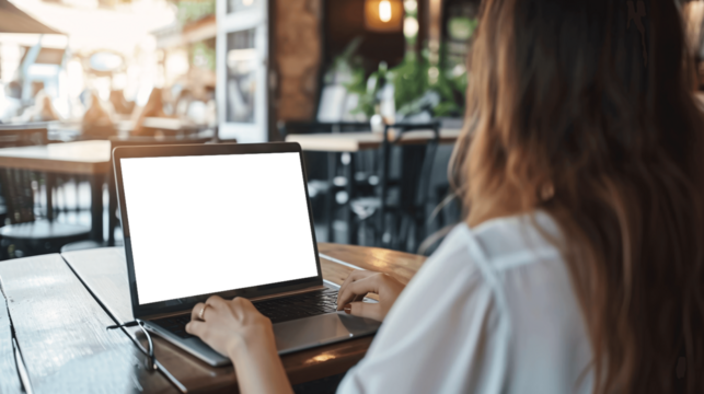Laptop Mockup: Woman Working in Cafe, First Person View