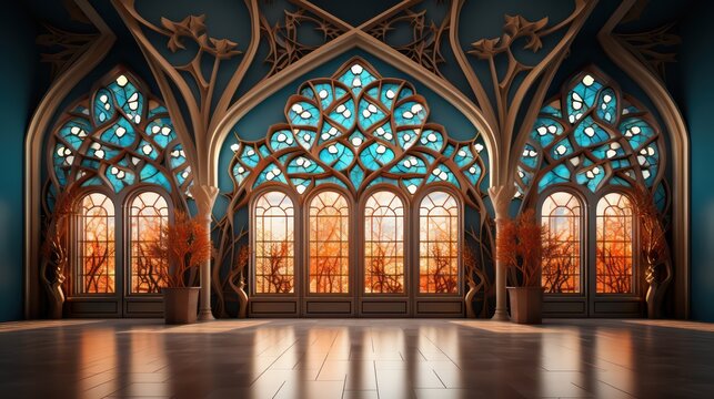 a large ornate room with stained glass windows islamic Background and wallpaper