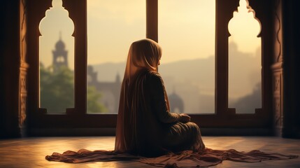 Muslim women wearing hijabs praying inside a beautiful and spacious mosque, islamic Background and wallpaper