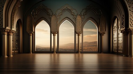Obraz premium Artistic and Modern Middle Eastern Architecture, Interior Building Design with podium and beige elements in Arabic minimalist style. Podium in the style of Ramadan, Eid Mubarak.
