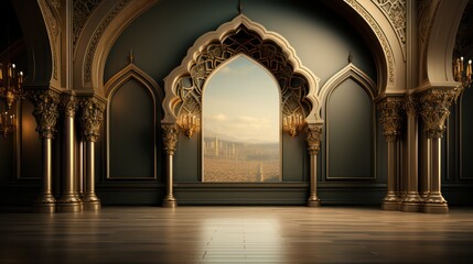 Obraz premium Artistic and Modern Middle Eastern Architecture, Interior Building Design with podium and beige elements in Arabic minimalist style. Podium in the style of Ramadan, Eid Mubarak.