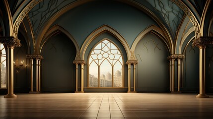 Obraz premium Artistic and Modern Middle Eastern Architecture, Interior Building Design with podium and beige elements in Arabic minimalist style. Podium in the style of Ramadan, Eid Mubarak.