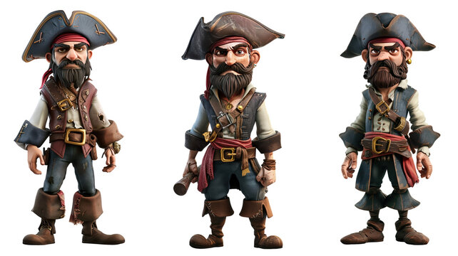 Set of pirates in cartoon style on a transparent background