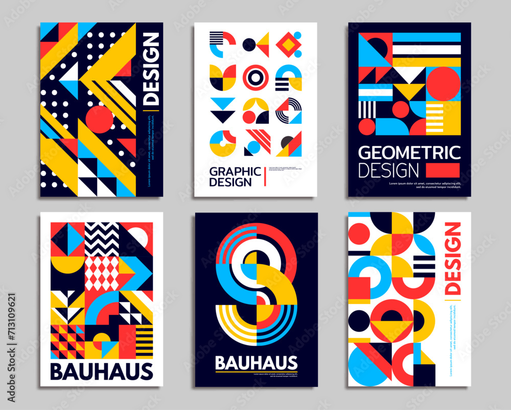 Aufkleber Modern abstract posters. Geometric pattern with simple color shapes. Vector graphic background of color collage with circles, triangles and squares. Creative geometric blocks geometric patterns
