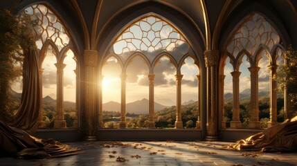 Fototapeta premium Moonlight shining through the window to the inside of an Islamic mosque with hanging lanterns