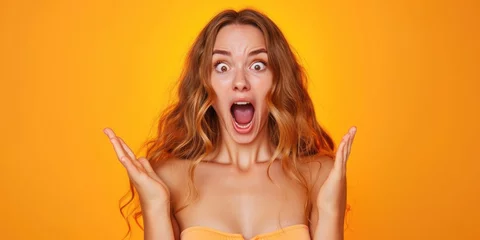 Poster A woman with a surprised expression on her face. Suitable for various uses © Fotograf