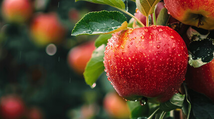 Close up image of fresh organic apple in the orchard.