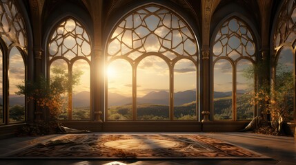 Moonlight shining through the window to the inside of an Islamic mosque with hanging lanterns