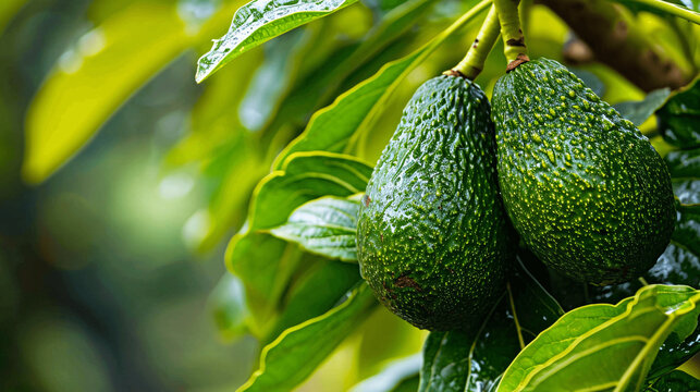Close up image of fresh organic avocado in the orchard.