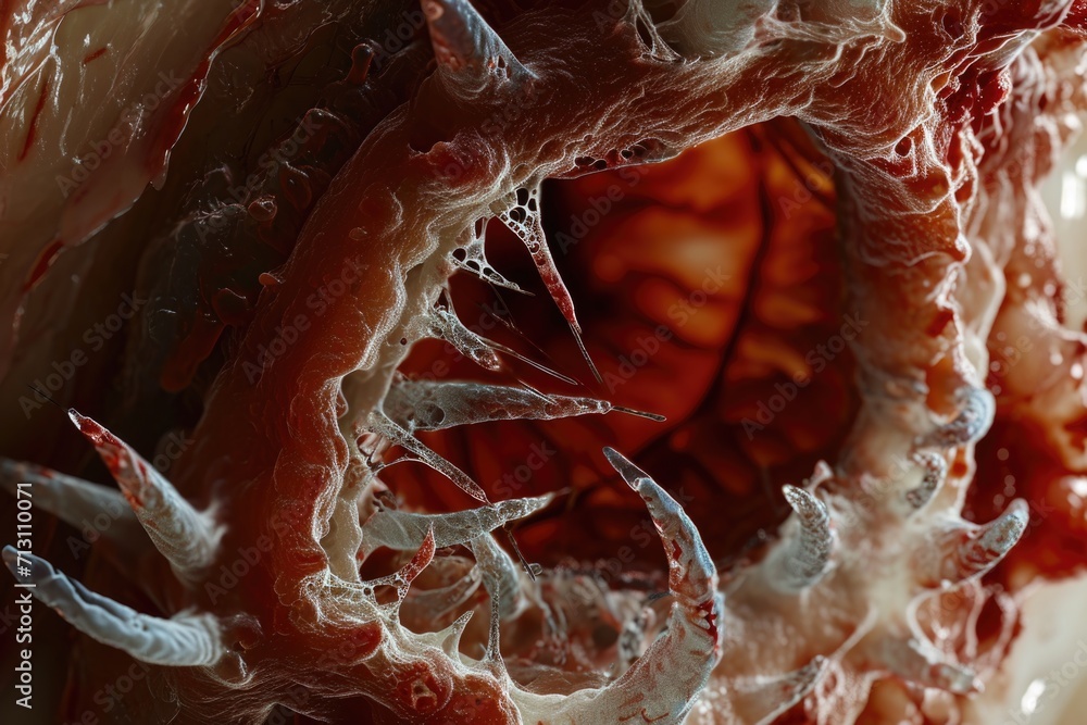 Poster A detailed close-up view of a piece of meat. This image can be used to showcase the texture and quality of meat products.