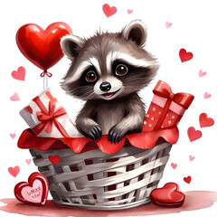 cute valentine racoon in basket with hearths