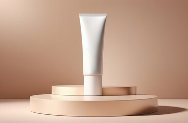 white packaging of cream on abstract beige background. minimalist style display podium for cosmetics