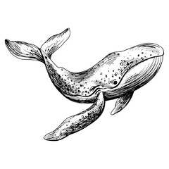 Underwater world clipart with whale. Graphic illustration hand drawn in black ink. Isolated object EPS vector.