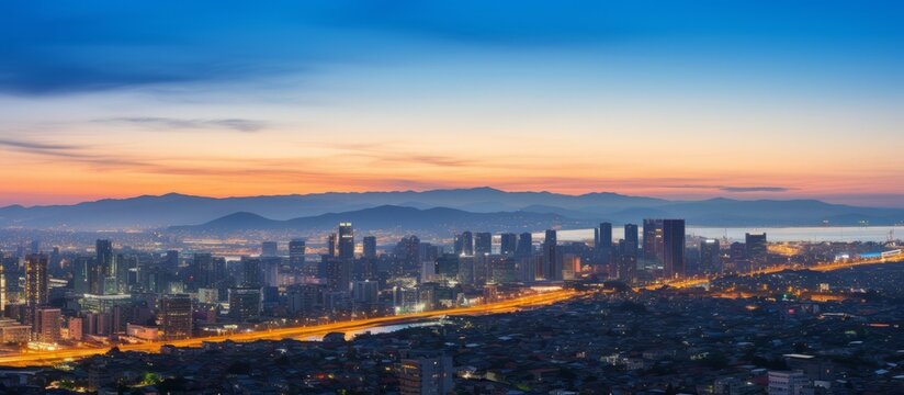 Dazzling City Skyline at Twilight with Mountain Backdrop