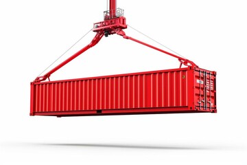 3D-rendered red cargo container hanging from a crane, isolated on white background. Generative AI