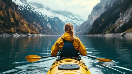 Design a series of images for a travel blog, each capturing a different outdoor adventure, from kayaking to mountain biking in stunning natural settings - obrazy, fototapety, plakaty