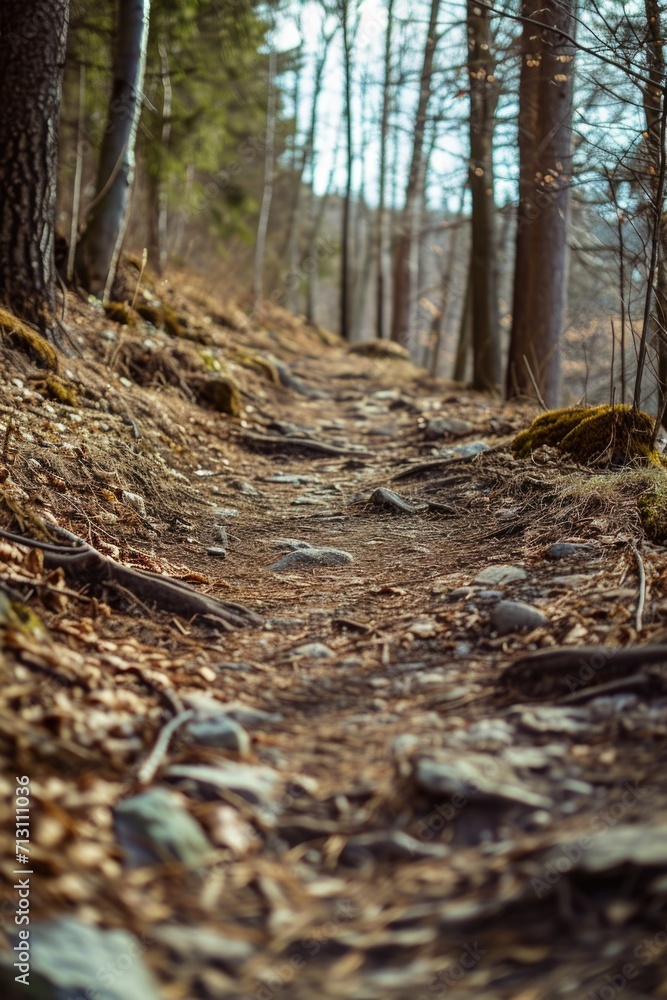 Poster A dirt path in the woods with trees in the background. Suitable for nature and outdoor themes