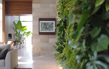 A contemporary hallway features a lush living wall and sleek furnishings, exuding a sense of tranquility and modern luxury