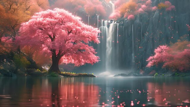 Magical landscape ith Waterfall and sakura tree with pink blossom cherry like sakura flower in the forest. Beautiful fantasy nature design waterfall flowing mp4
