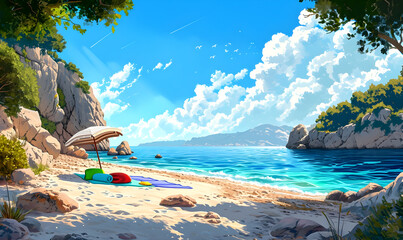 Seascape with beautiful beach on an island. Summer holidays illustration. - obrazy, fototapety, plakaty
