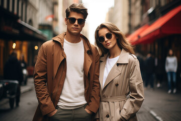 Modern couple of blonde girl and boy dressed in modern stylish clothes pose with black glasses