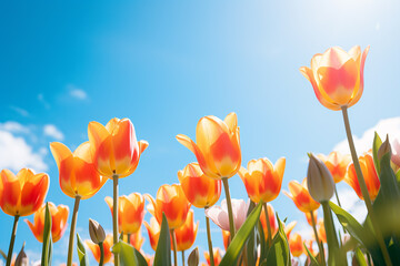 Beautiful seasonal orange spring tulip flowers in full bloom with blue sky in background