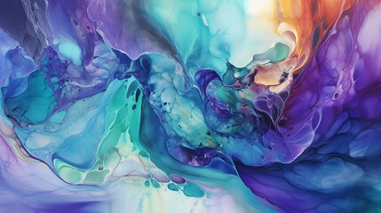 Abstract Blue, Red, and Purple Fluid Lines Watercolor Painting Texture Background in Light Emerald, Violet, and Amber