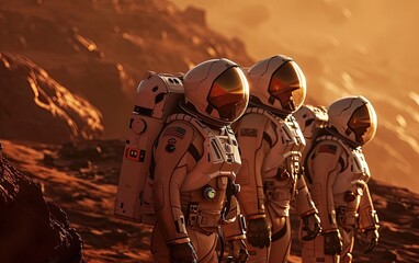 Mars Exploration Team, a futuristic portrayal of astronauts in spacesuits, simulating a mission to explore Mars, showcasing the aspirations for interplanetary exploration