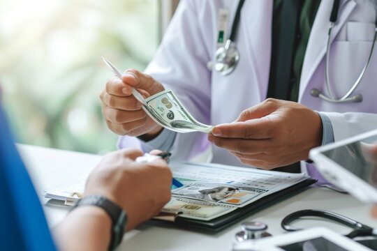 close-up of a person in professional doctor handing over a dollar