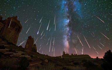 Meteor Shower Magic: A dynamic image featuring a meteor shower streaking across the night sky, creating a celestial spectacle