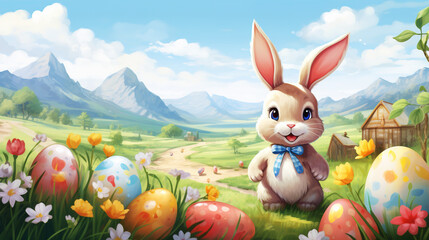 Easter bunny in the meadow with decorated Easter eggs