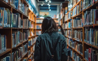 A person is walking through a library filled with numerous books, browsing through the shelves.
