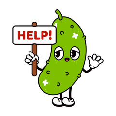 Cute funny Cucumber with an inscription help character. Vector hand drawn traditional cartoon vintage, retro, kawaii character illustration icon. Isolated white background. Cucumber character