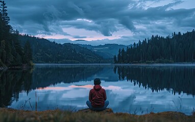 Mindful reflection: A reflective moment captured in an image, portraying someone practicing mindfulness by a calm lake at dusk, spending time consciously without technology, unplugging.