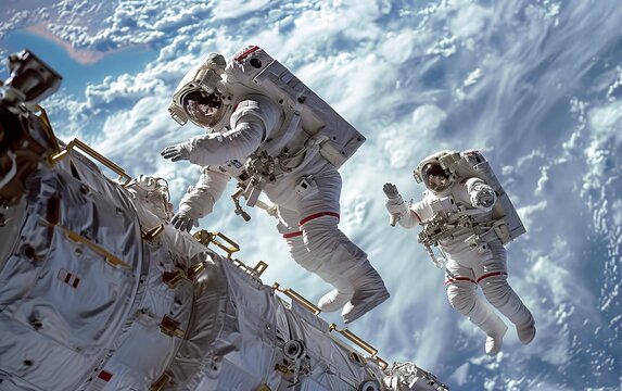 Microgravity Experiment: Astronauts conducting experiments in a microgravity environment, highlighting the scientific endeavors pursued in space.