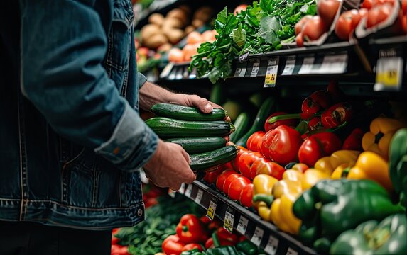 A man carefully selecting fresh and sustainable produce, emphasizing the concept of mindful grocery shopping