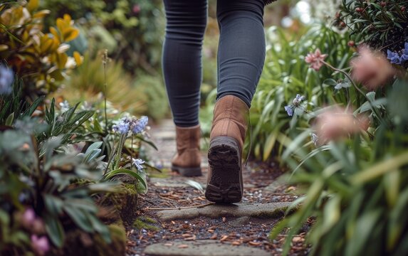 A woman practicing mindful walking meditation in a garden, promoting awareness of each step