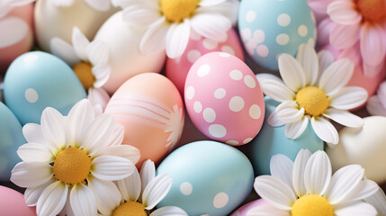 Fototapeta na wymiar Top view of decorated easter eggs in pastel colors with spring flowers. Easter celebration concept