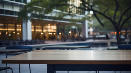 Wooden table bokeh city view background, empty wood desk tabletop counter surface product display mockup with blurry cityscape lights abstract backdrop presentation. Mock up, copy space.