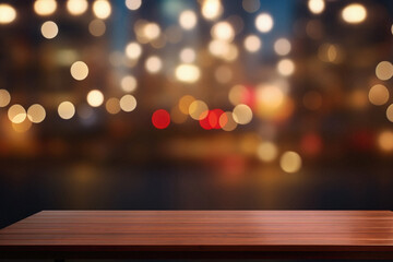 Wooden table bokeh city view background, empty wood desk tabletop counter surface product display mockup with blurry cityscape lights abstract backdrop presentation. Mock up, copy space.