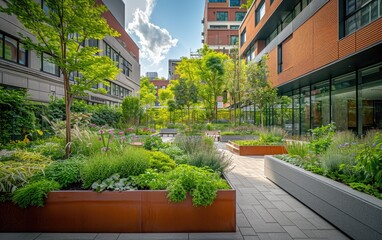 An urban courtyard transformed into a green sanctuary, emphasizing the positive impact of incorporating nature into city spaces