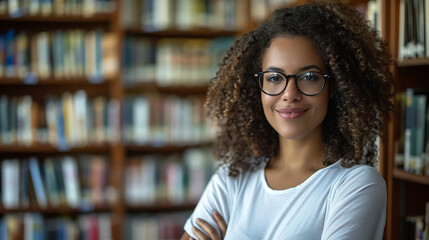  Face, student and woman in university in library ready for learning. Portrait, education and happy female - obrazy, fototapety, plakaty