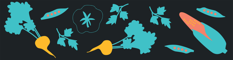 Cute appetizing Vegetables collection. Decorative abstract horizontal banner with colorful doodles. Hand-drawn modern illustrations with Vegetables, abstract elements.